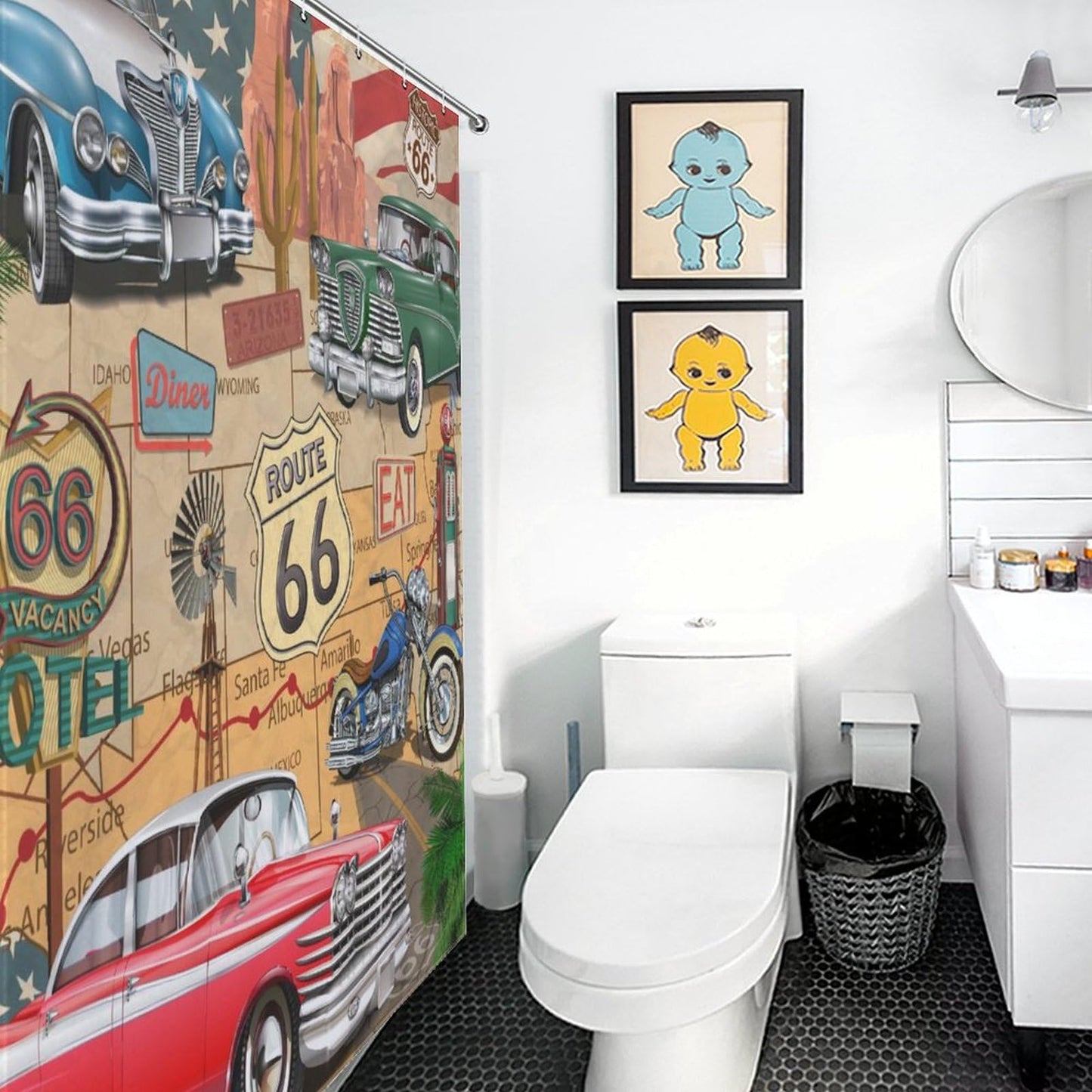 TKUYO Route 66 Road Shower Curtain for Bathroom, Rustic Boys Man Vintage Classic Car Motorcycle Biker Country Western Retro Man Cave Waterproof Fabric Shower Curtain Set with Hooks, 72"x72" Inch