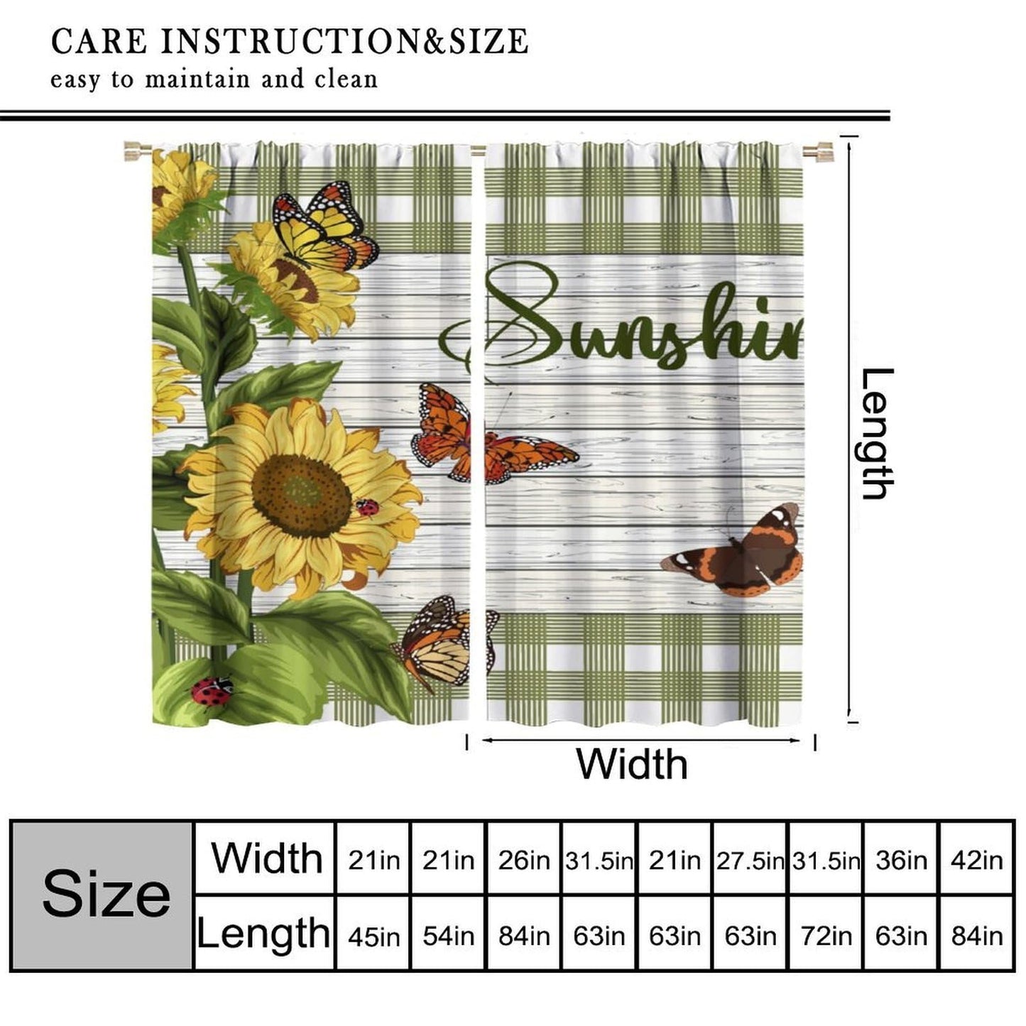 Spring Sunflower Curtains Rustic Plant Helianthus Yellow Flower Butterfly Pattern Rod Pocket Window Treatments for Girls Kids Bedroom Kitchen Living Room 2 Panel Set 41" x 45" (No Blackout)