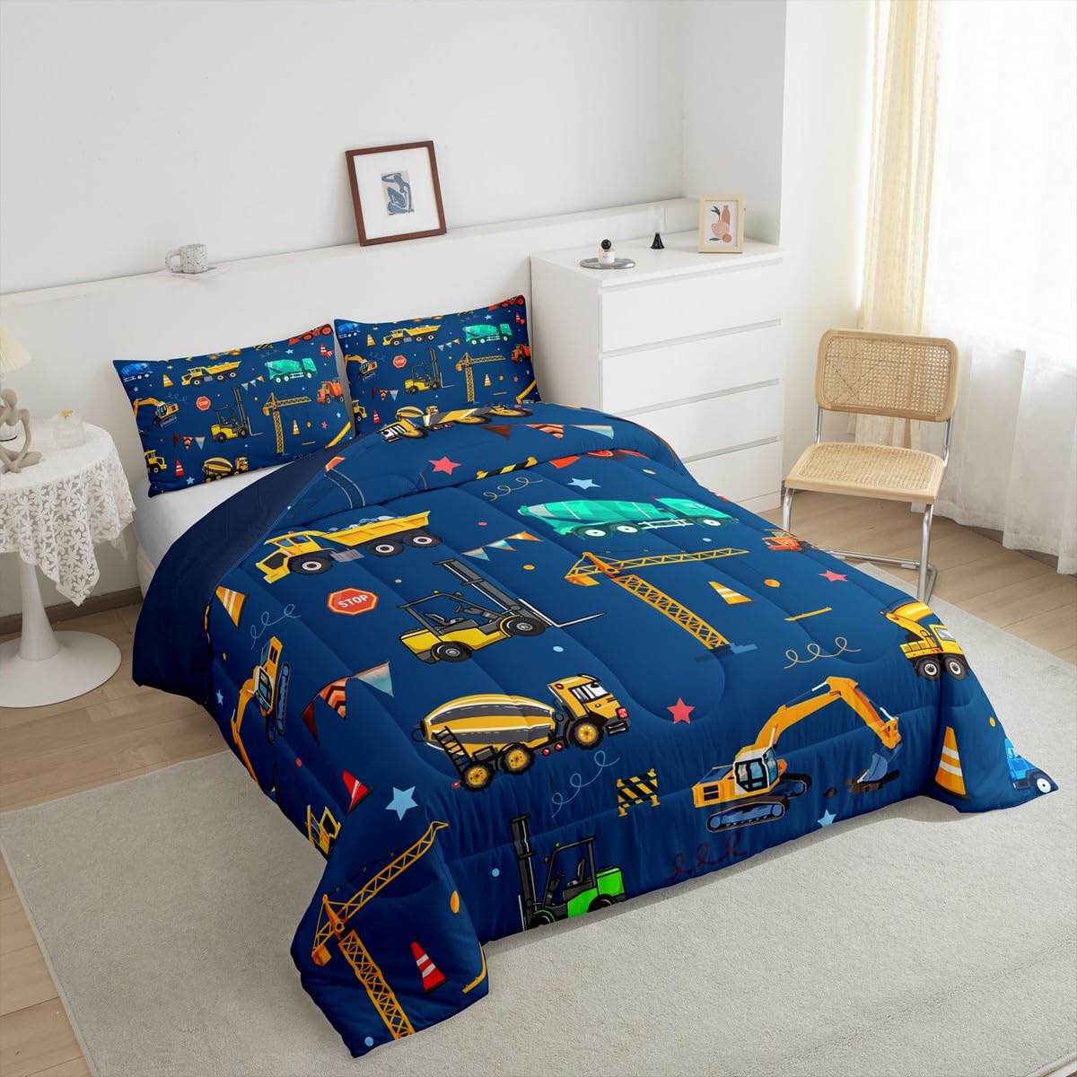 jejeloiu Cartoon Car Kids Comforter Set Twin Size Excavator Bedding Set Construction Duvet Quilt for Kids Boys Girls Bedroom Equipment Trucks Decor Microfiber Ultra Soft Breathable