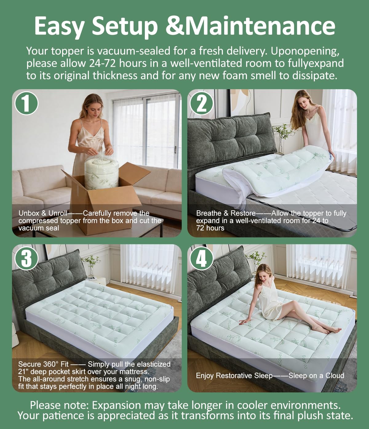 Fracho Ultra Soft Mattress Topper Queen Size - Rayon Made from Bamboo Cooling Mattress Topper - 1000GSM Plush Pillow Top Bed Pad, Naturally Breathable & Supportive for Hot Sleepers, Green