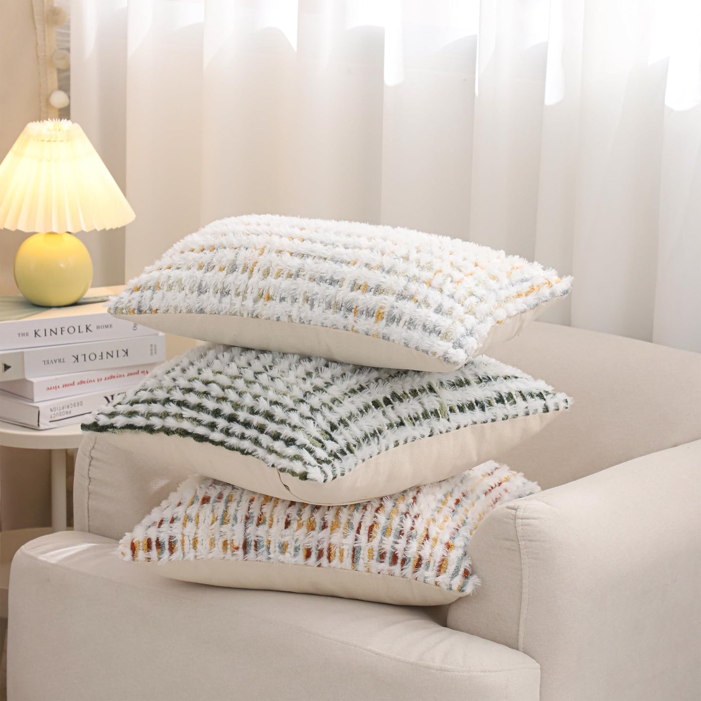LUOYEHK Boho Throw Pillow Covers 22x22 Inch Set of 2 Chenille Tufted Pillowcase Farmhouse Neutral Cushion Covers for Couch Sofa Bed Living Room, Green White