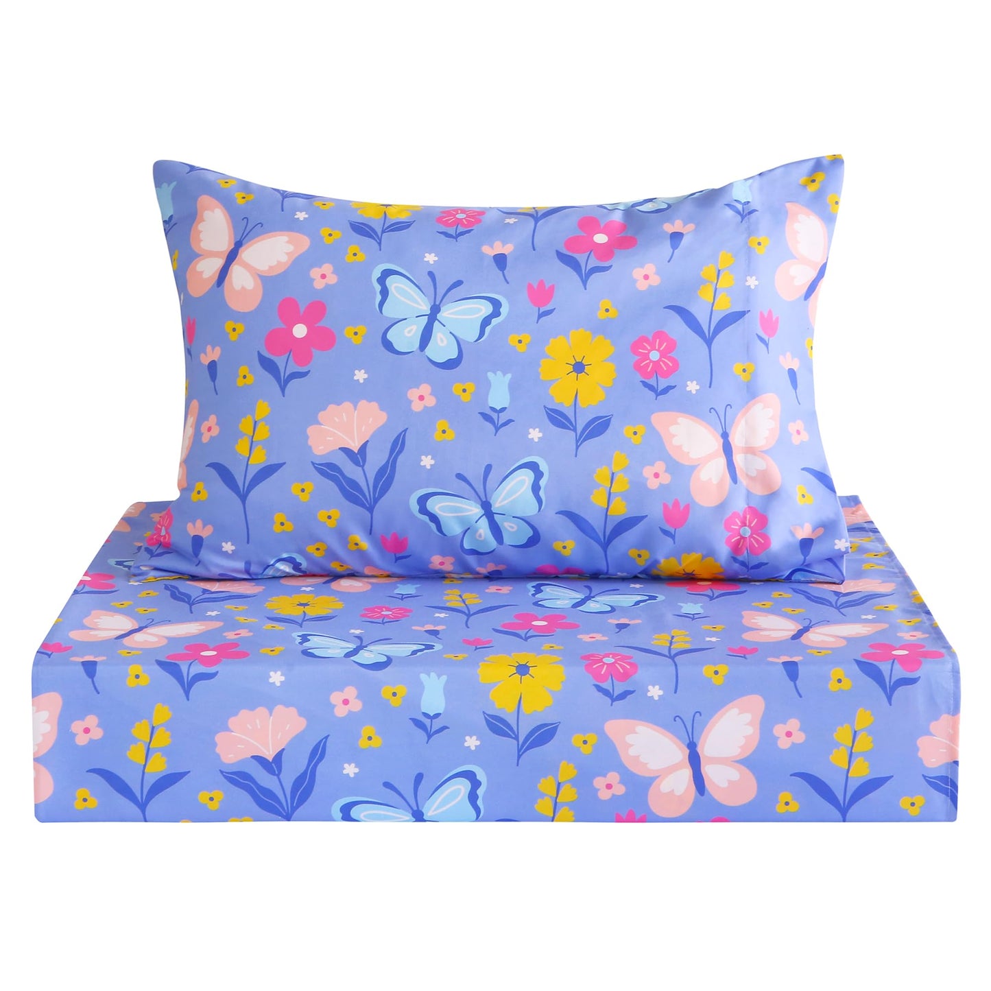 Softan Kids Twin Sheets Set, 3 Piece Butterfly Floral Bedding Set for Girls, Soft Breathable Microfiber with 15" Deep Pocket, Fitted Flat Sheet & Pillowcase