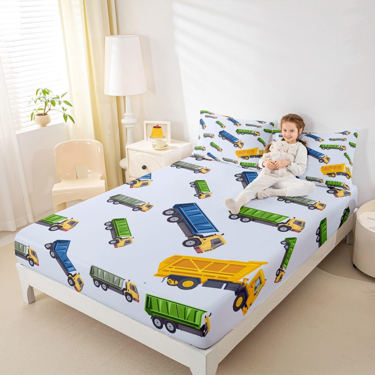 Cute Garbage Truck Bed Sheet Set - Cartoon Car Equipment Fitted Sheet for Boys Girls - Rubbish Vehicle Bedding Cover Full Size With 2 Pillow Cases