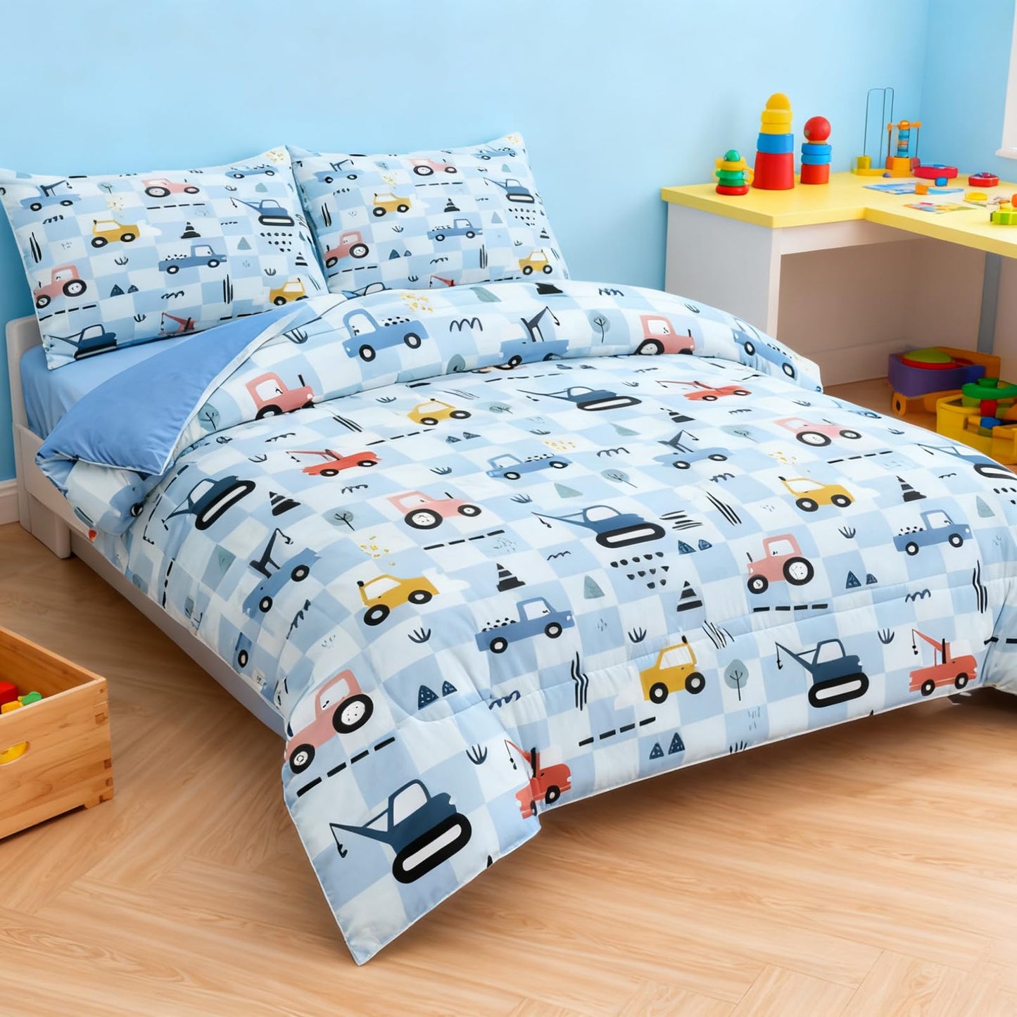 Peopleareok Excavator Comforter Set Twin (68x86 Inch), 2 Pieces Construction Machinery Truck Tractor Bedding Sets for Kids Boys, Super Soft Microfiber Comforter with 1 Pillowcase