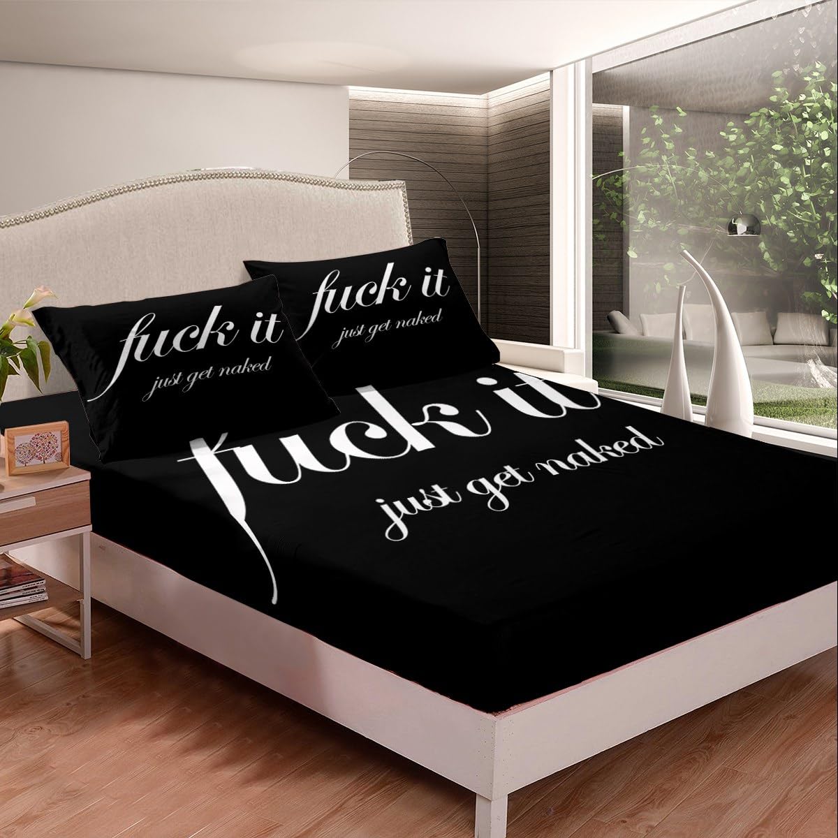 Funny Quotes Fitted Sheet & Pillow Sham Set Get Naked Bedding Set for Couple Lover Men Women Romantic Bed Sheet Set Black and White Creative Words Bed Cover No Flat Sheet Room Decor 3Pcs Full Size