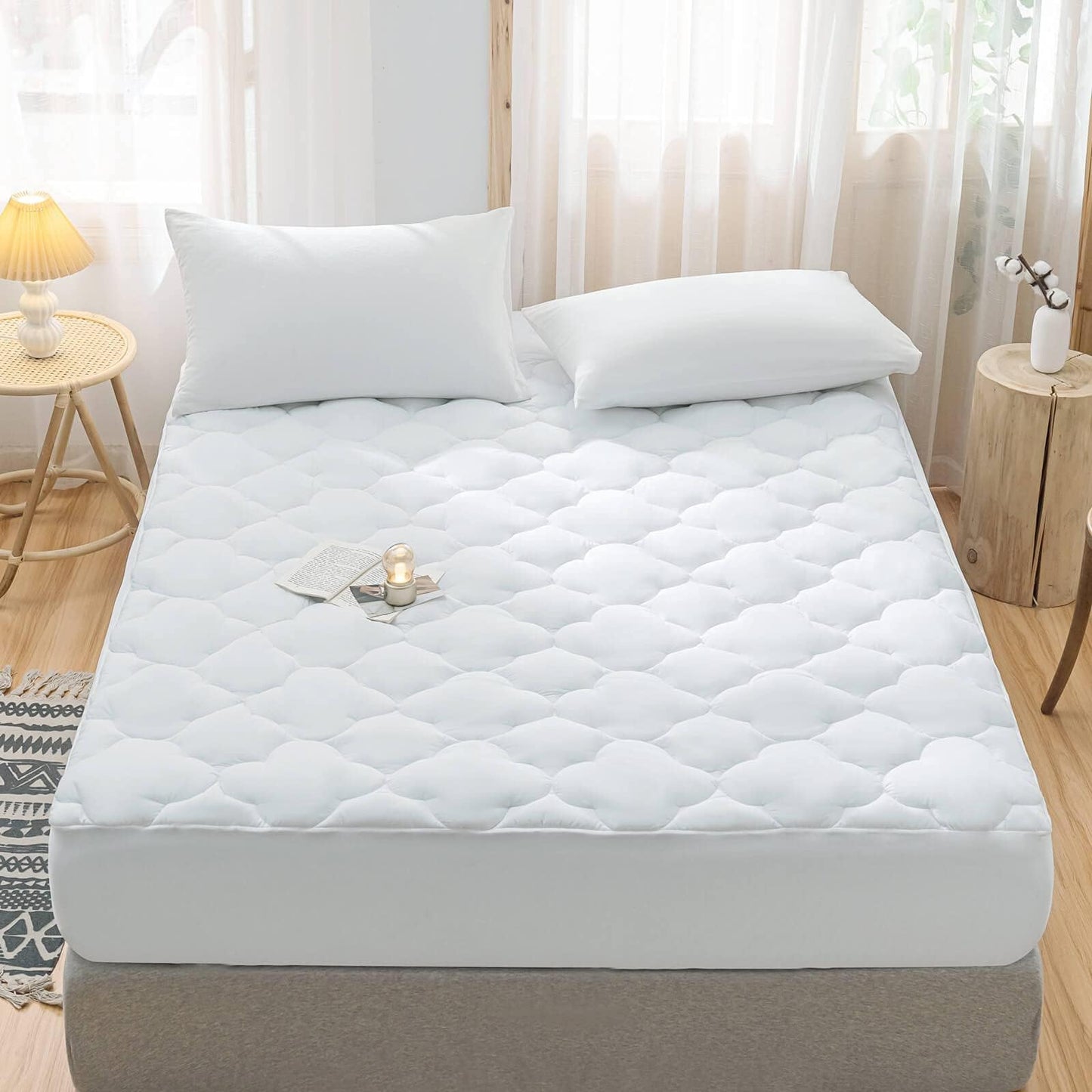 WhatsBedding Waterproof Mattress Pad Queen Size Cotton Top Down Alternative Filling Pillowtop Mattress Topper Cover-Fitted Quilted (Queen Mattress Pad)
