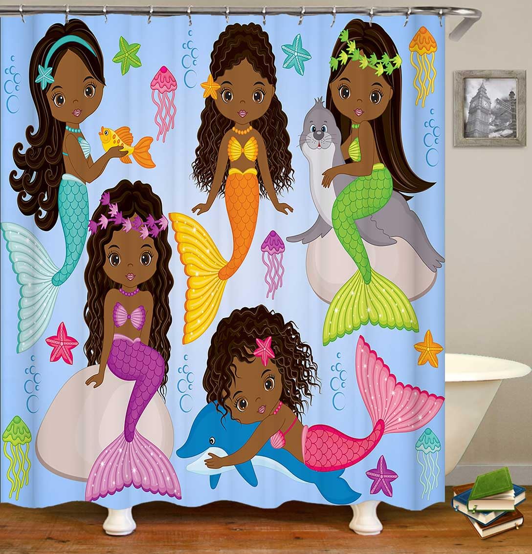 Jayden Madge 4PCS Black Mermaid Shower Curtain Set, African American Women Afro Girl Melanin Princess Underwater Jellyfish Starfish Dolphin Seal Girly Kids Bathroom Decor, Non-slip Bath Mat Toilet Rug