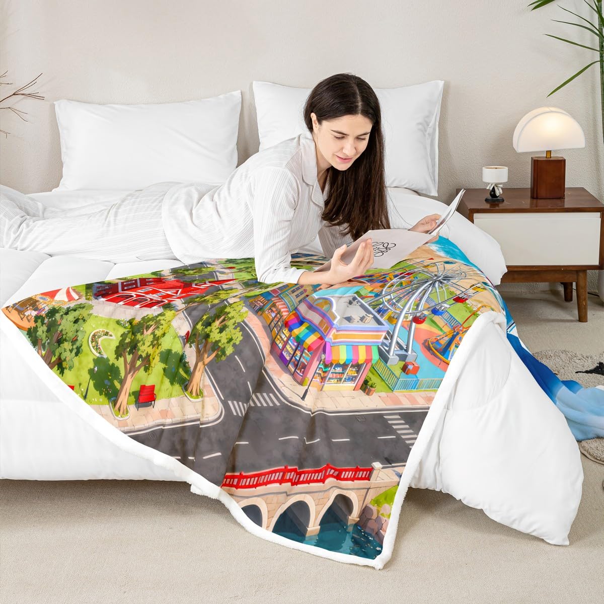 Erosebridal Kids Fleece Blanket City Life House Sherpa Blanket 50"x60" | 3D Cityscape Fun Educational Gift Urban Landscape Fuzzy Plush Throw