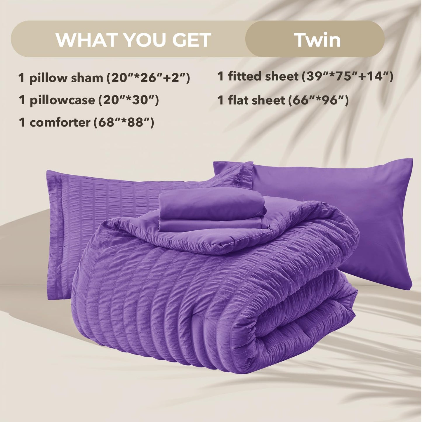 HYMOKEGE Bright Purple Twin Comforter Set Seersucker 5 Pieces, All Season Luxury Bed in a Bag for Bedroom, Bedding Set with Comforter, Sheets, Pillowcase & Sham