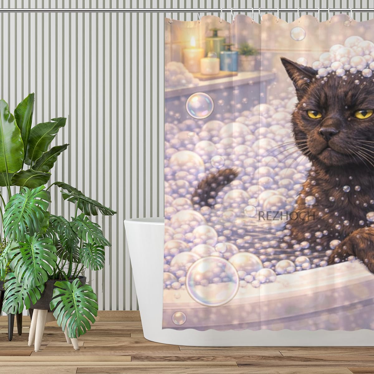 REZHOCH Funny Black Cat Shower Curtain 72x72 Inch,Cute Animal Bubble Bathroom Decor,Lovely Bathtub Waterproof Fabric Modern Art Humor Farmhouse Home Bath Set with 12 Hooks