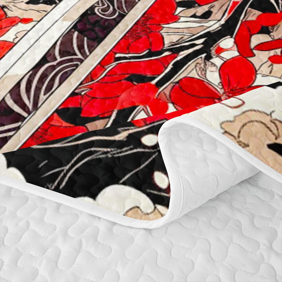 Erosebridal Japanese Style Quilts Twin Size - Red Japanese Cherry Blossoms Bedspread Coverlet Set, Mount Fuji Quilt Coverlets 2Pcs (Only 1 Pillowcase)