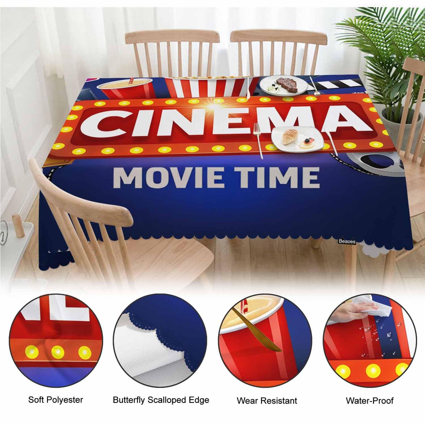 Beabes 52x70 Inch Tablecloth Cinema, Movie Time Popcorn Clapping Board Non-Fading Table Covers Kitchen Dinning Tabletop Decoration, Blue Washable Table Cloth for Outdoor and Indoor Use