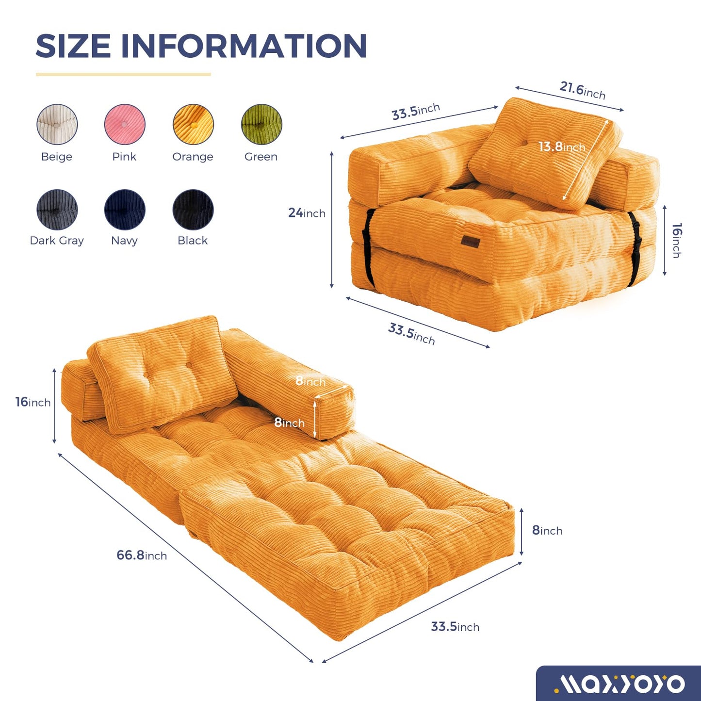 MAXYOYO Folding Sofa Bed, L-Shaped Convertible Sofa Bed Foldable Couch with Pillow, Portable Fold Out Chair Lounge for Living Room Bedroom, Orange