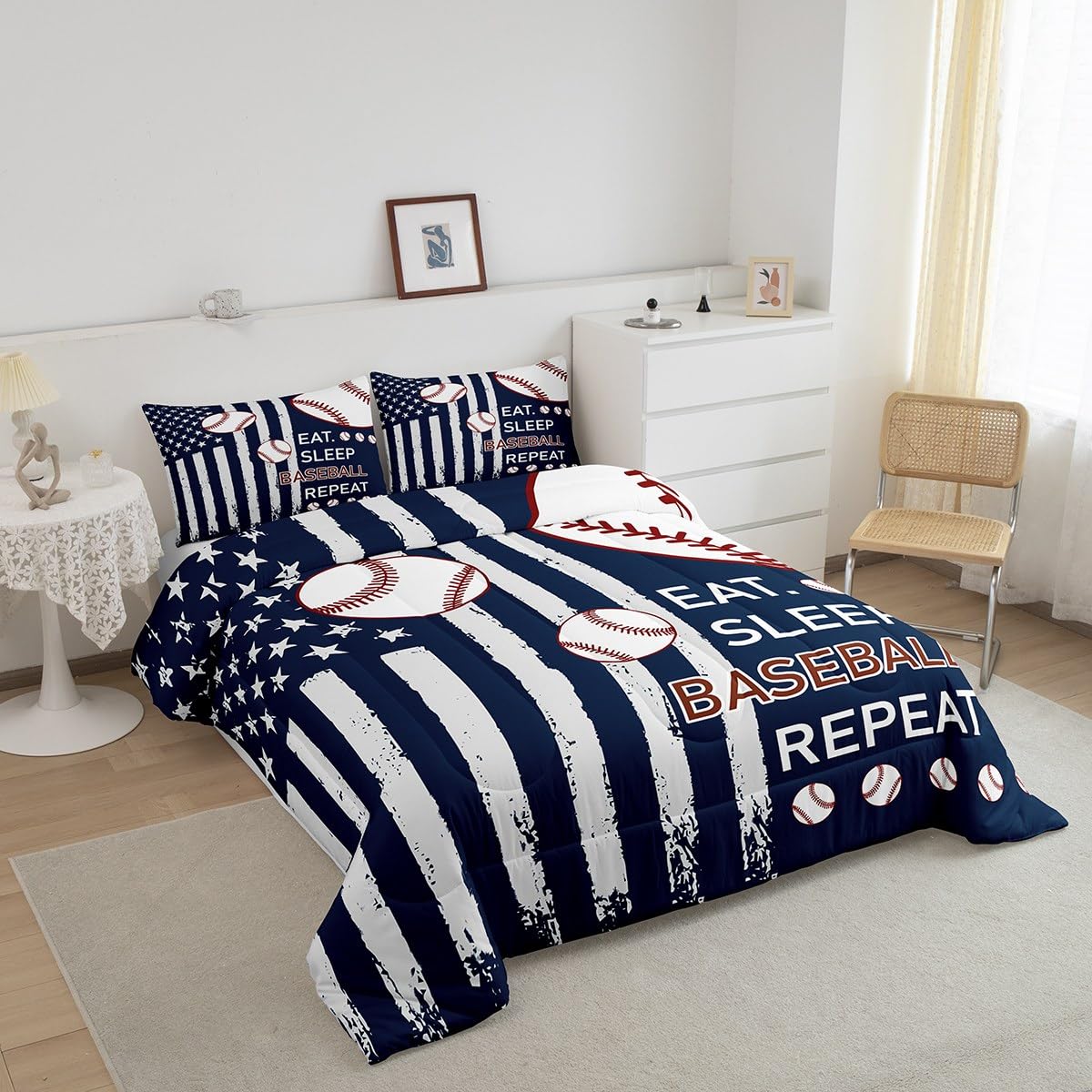 Feelyou Baseball Kids Boys Girls Bedding Set Queen Size Baseball Gaming Comforter Set Ultra Soft Gift for Baseball Lover Comforter Flag Print Duvet Quilt Bedroom Decor Softball Quilt
