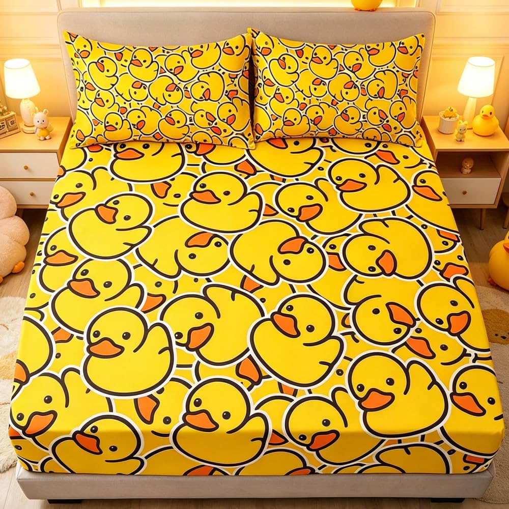 ARIGHTEX Twin Fitted Sheet for Kids Soft Yellow Rubber Duck Bed Sheet with 2 Pillowcases All-Round Deep Pocket 3 Pieces Microfiber Breathable Twin Duck Sheet Set for Boys Girls (Without Flat Sheet)
