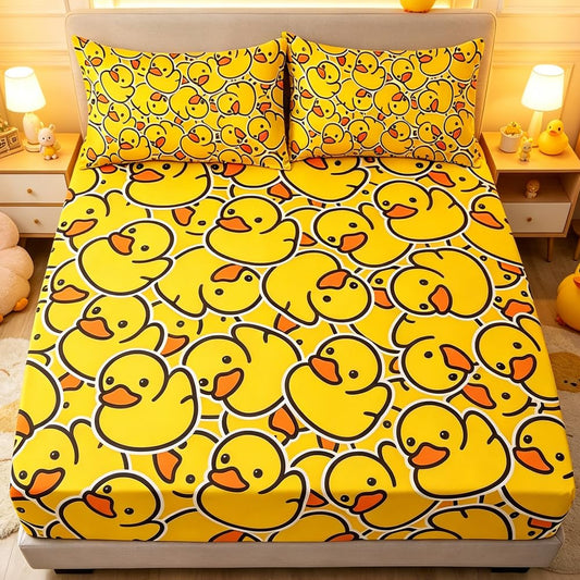 ARIGHTEX Twin Fitted Sheet for Kids Soft Yellow Rubber Duck Bed Sheet with 2 Pillowcases All-Round Deep Pocket 3 Pieces Microfiber Breathable Twin Duck Sheet Set for Boys Girls (Without Flat Sheet)