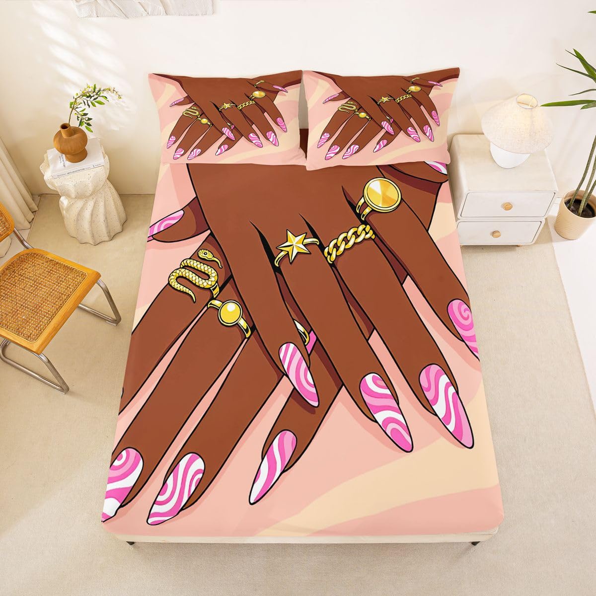 Erosebridal Romantic Makeup Themed Fitted Sheet Full Size for Girls Fashion Girlish Bedding Set Black Girls Bed Sheets for Kids Teens Adult Women Bedroom Afro Vogue Princess Magical Sheets