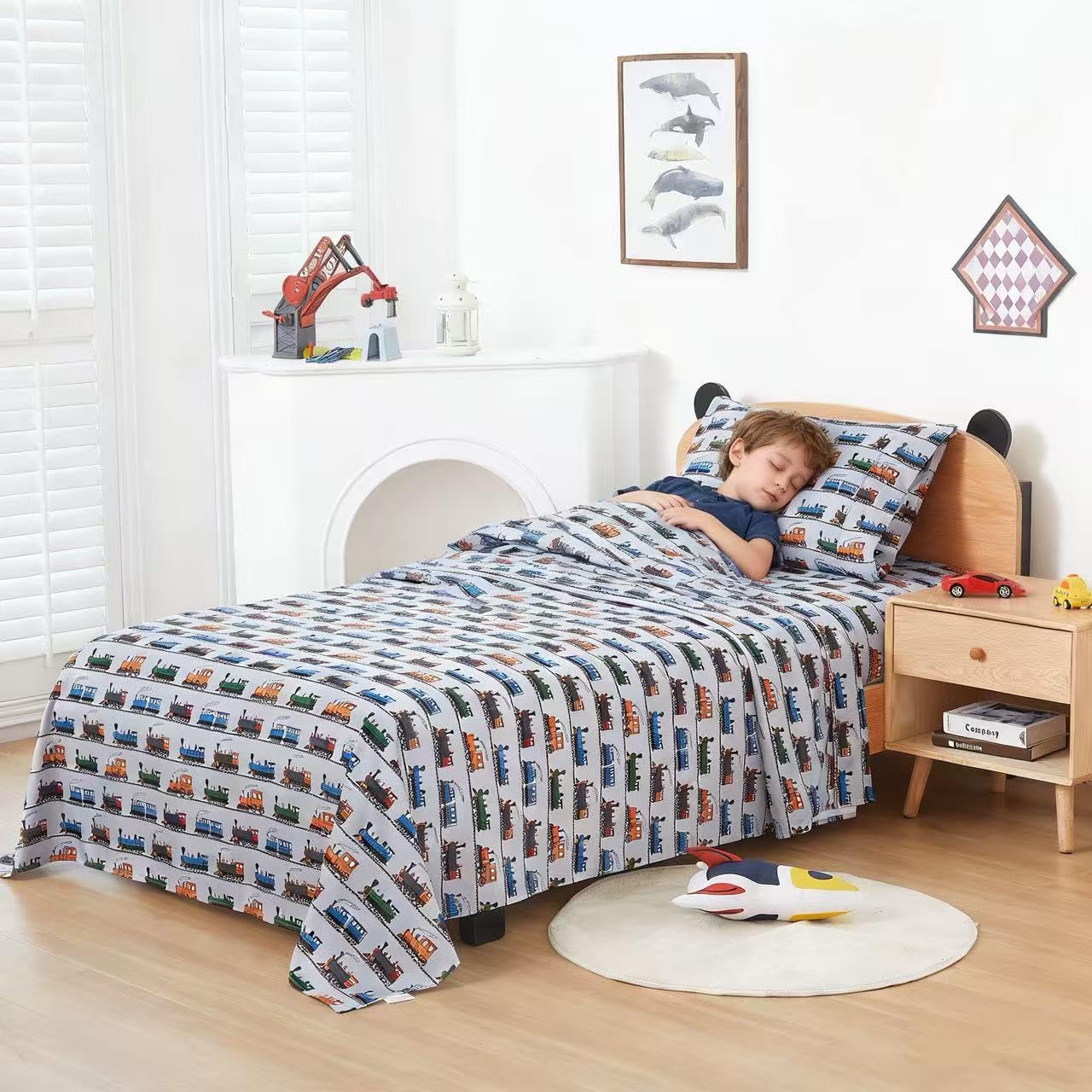 Viviland 3 Pieces Boys Grey Twin Sheet Set - Soft Microfiber Fitted Flat Sheets & Pillowcase - Retro Train Print Bedding Sets - for Kids & Toddlers