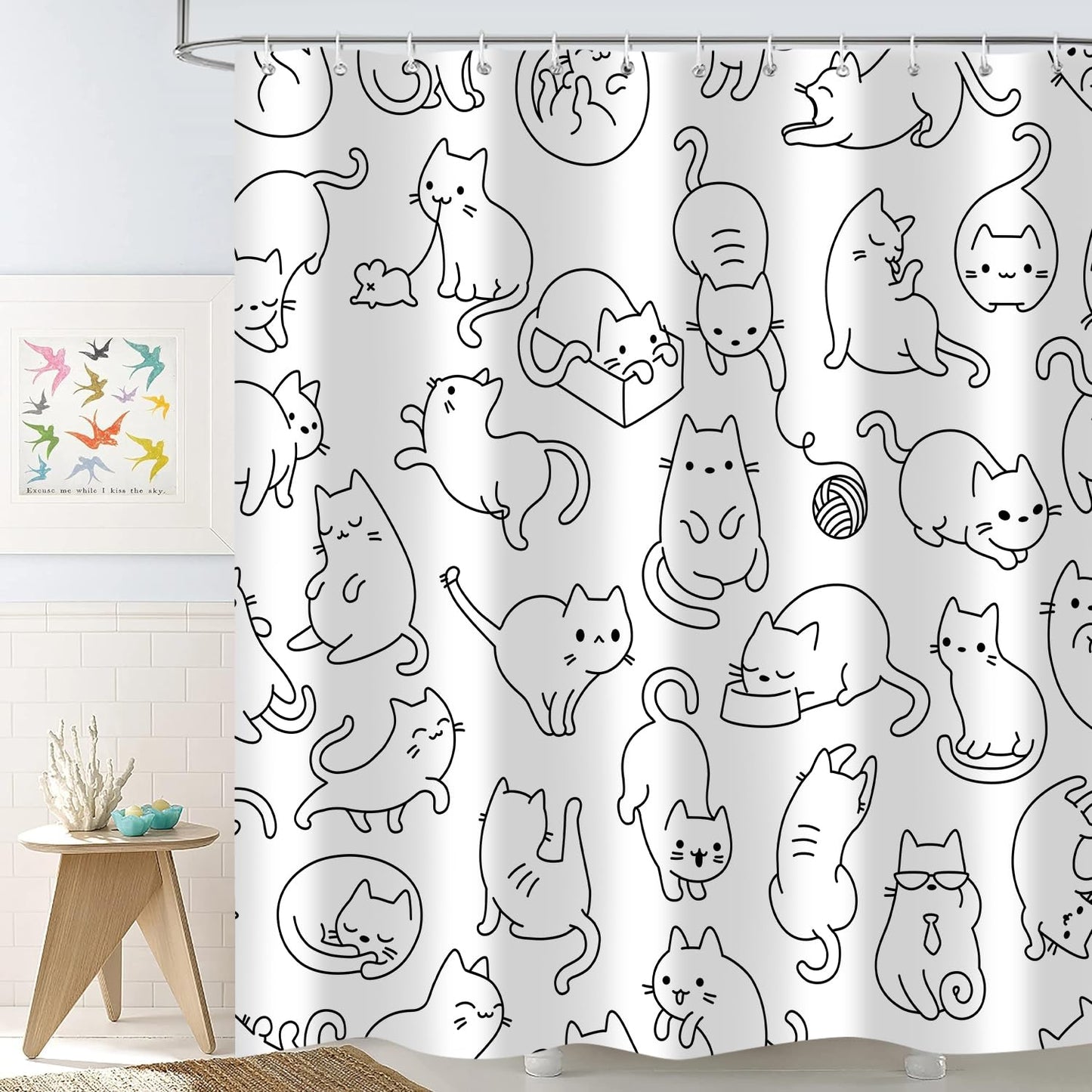 Emwnodti Cat Shower Curtain, Black and White Cute Cats Funny Bath Curtain Decor, Cute Shower Curtian for Kid, Polyester Fabric Waterproof Durable Bathroom Accessories Set with 12 Hooks 72x72 in