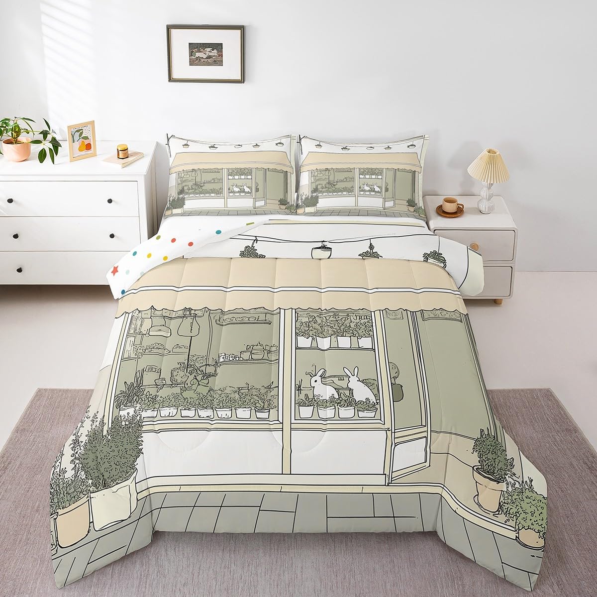 jejeloiu Cute Anime Bedding Set 2Pcs Twin Size Kids Rabbit Japanese Street Comforter Set for Boys Girls Bunny Duvet Quilt Soft Lightweight,Microfiber