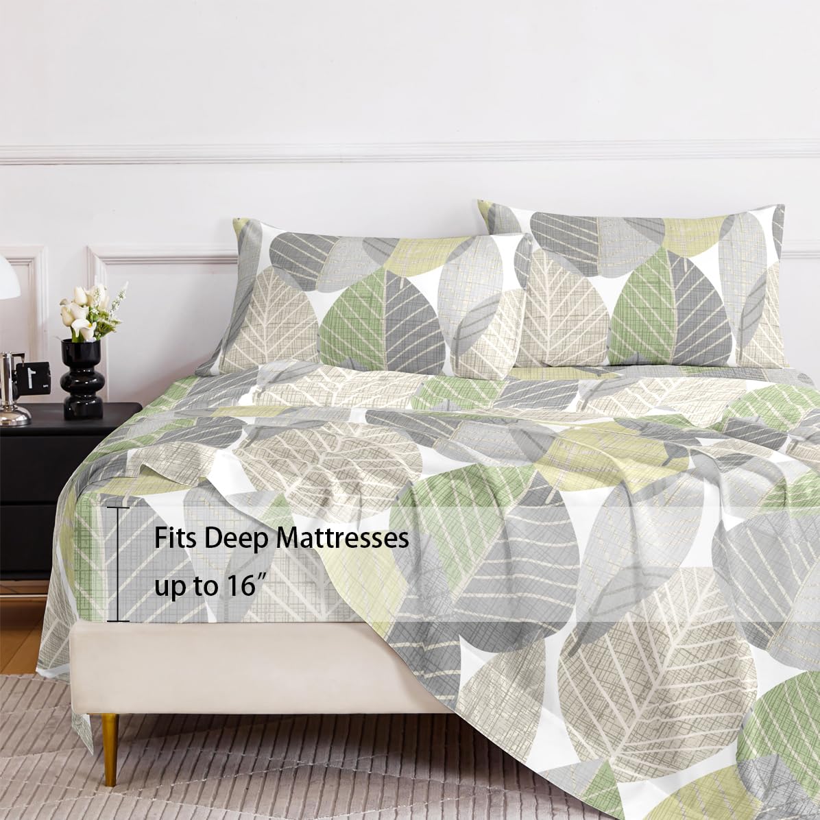 HCORA Leaf Print King Sheet Set, Ultra Soft Double Brushed Microfiber Bed Sheets, Deep Pocket, Breathable, Wrinkle Resistant, Easy Care, 4PC, King