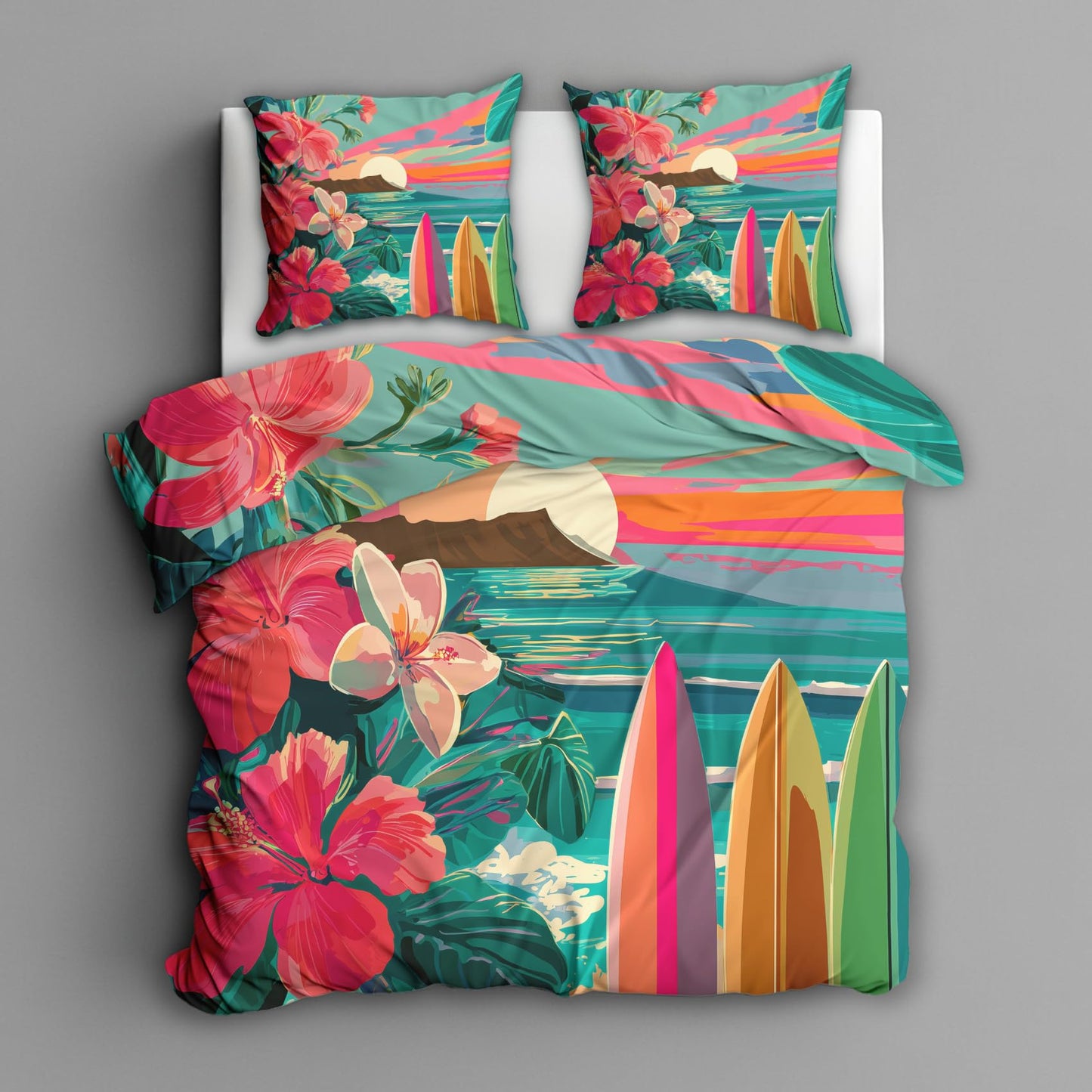 Tropical Beach Full Duvet Cover Set 3 Piece, Hawaiian Hibiscus Surfboard Reversible Bedding with 2 Pillow Shams, Zipper & Ties, Ultra Soft Microfiber, Tropical Bedroom Decorations 29A-W