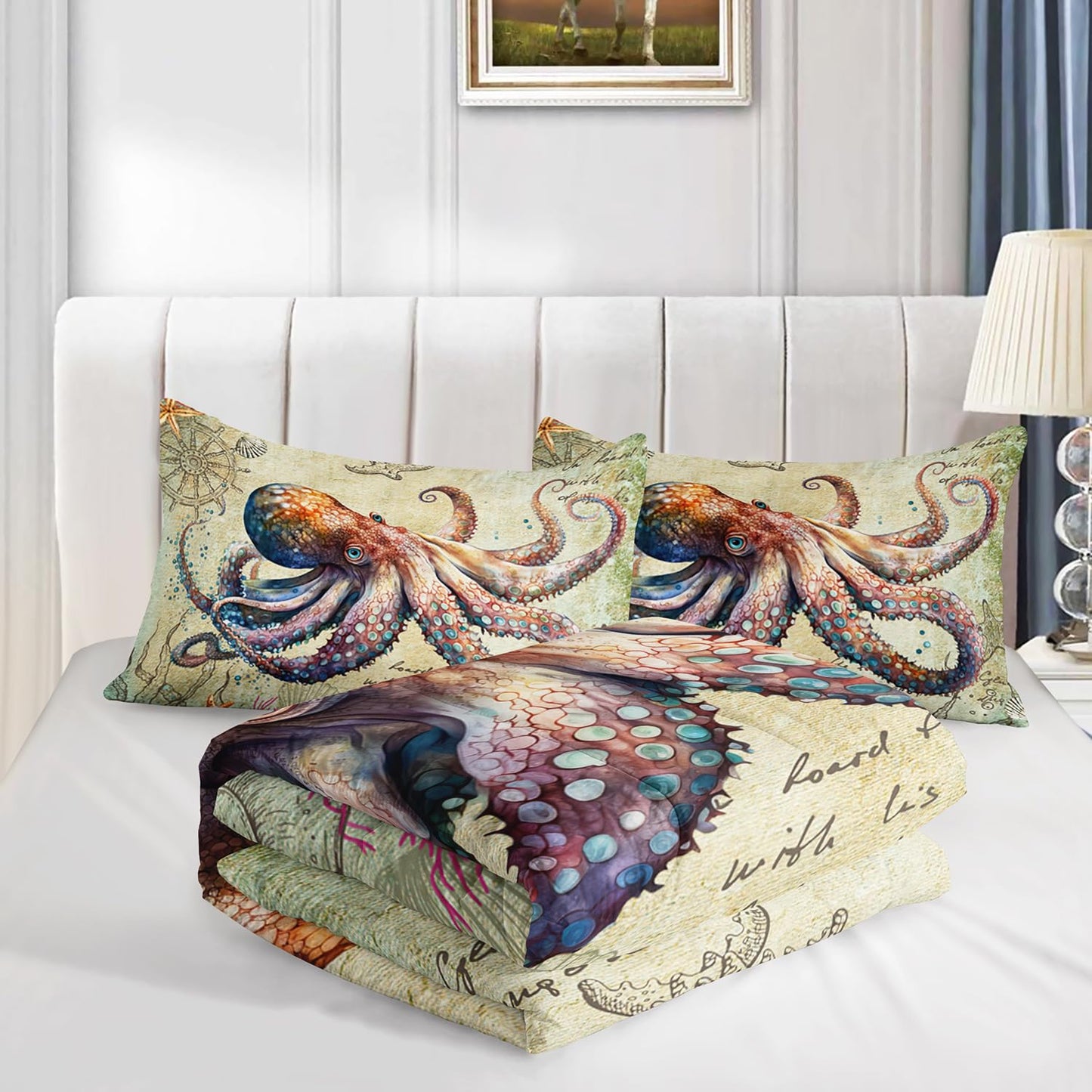 XYNHML Retro Octopus Comforter Set Twin Size 3Pcs Nautical Coastal Compass Bedding Set Starfish Jellyfish Seaweed Quilt Bed Set for Boys Girls with 1 Comforter and 2 Pillowcases