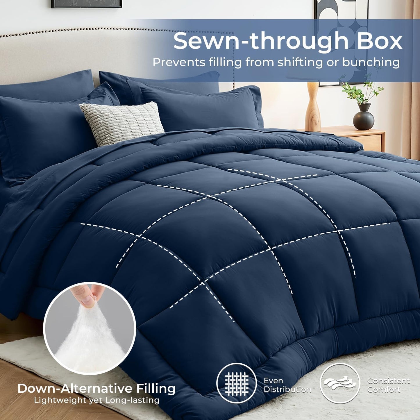 Sasttie Queen Comforter Set, Navy 7 Pieces Bed in a Bag Queen, Complete Bedding Set Includes Comforter, Flat Sheet, Fitted Sheet, Pillowcases and Pillow Shams, Navy