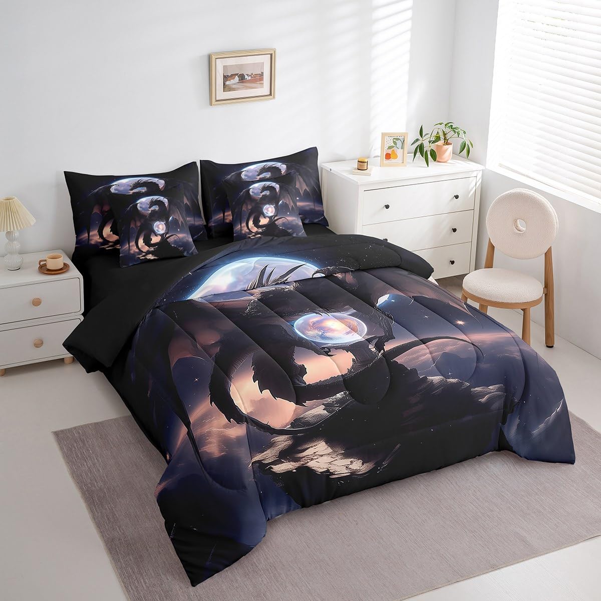 Erosebridal Purple Dragon Queen Bedding Set - Galaxy Moon Bed in A Bag,Dreamy Animal Comforter Sets with Sheets, Fantasy Dragon 7 Pieces Bed Set Bedroom Decor