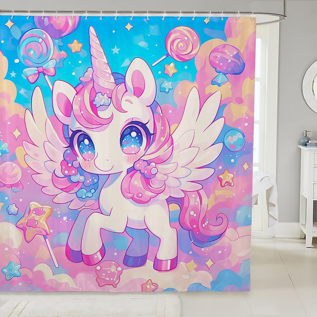 Cute Unicorn Kid Shower Curtains Dreamy Candy Unicorn Bathroom Curtains for Girl Princess Women Room Decor, Kawaii Pink Blue Waterproof Bath Curtains with 12 Hooks Suits for Bathtub, 72" W x 72" L