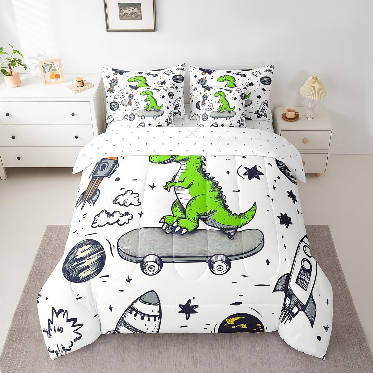 Erosebridal Green Dinosaur Comforter Set 7 Piece Bed in a Bag Twin,Cartoon Dino Kawaii Bedding Sets Cute Wild Animals Sheet Set with Comforter,Galaxy Stars Rocket Bed Set