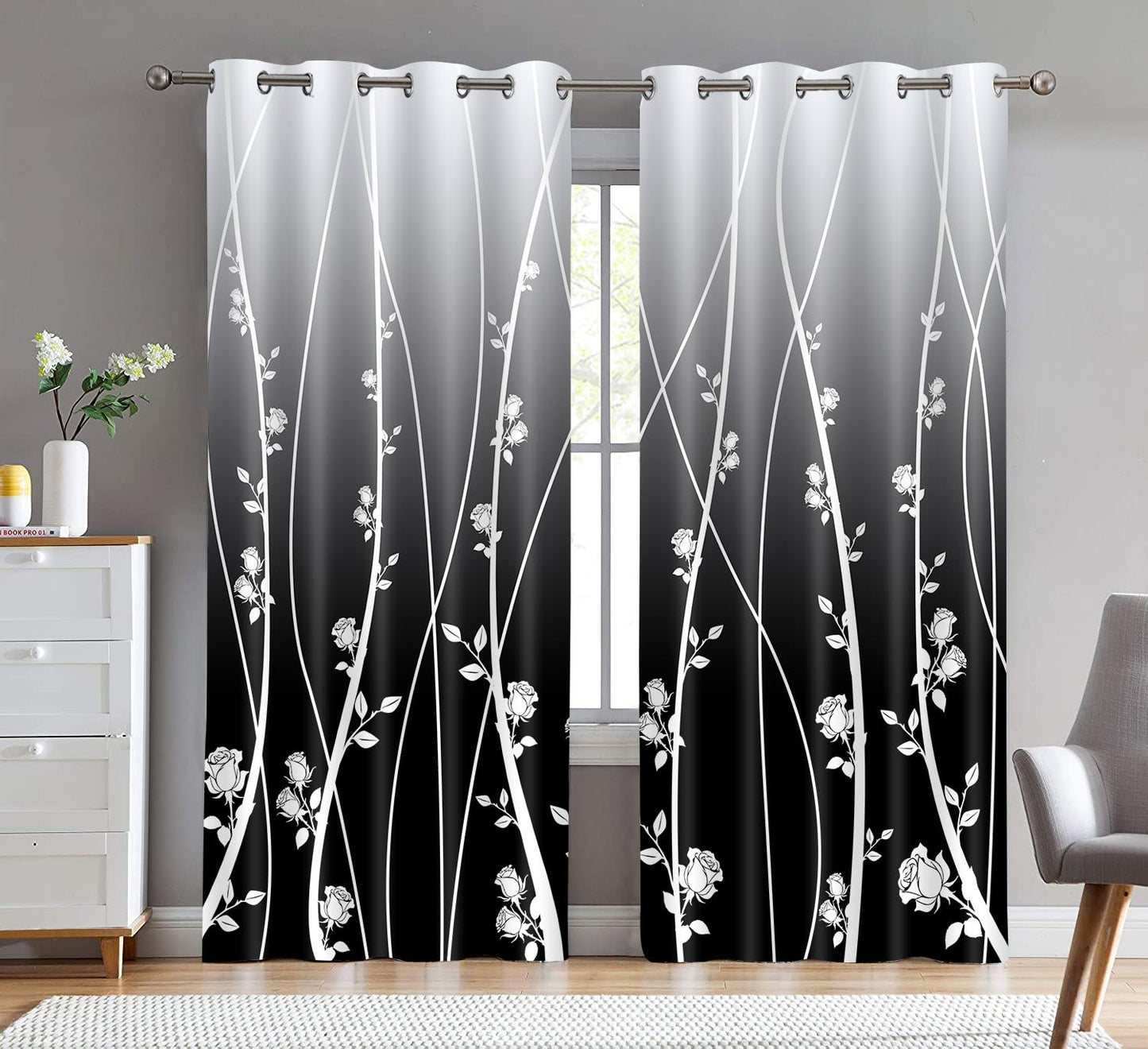 LshyMn Gradient Blackout Curtain 52x84 Inches Modern Farmhouse Floral Rose Pattern Printed Curtains for Living Room Bedroom Office Window Decoration（Black） CLLSMN315