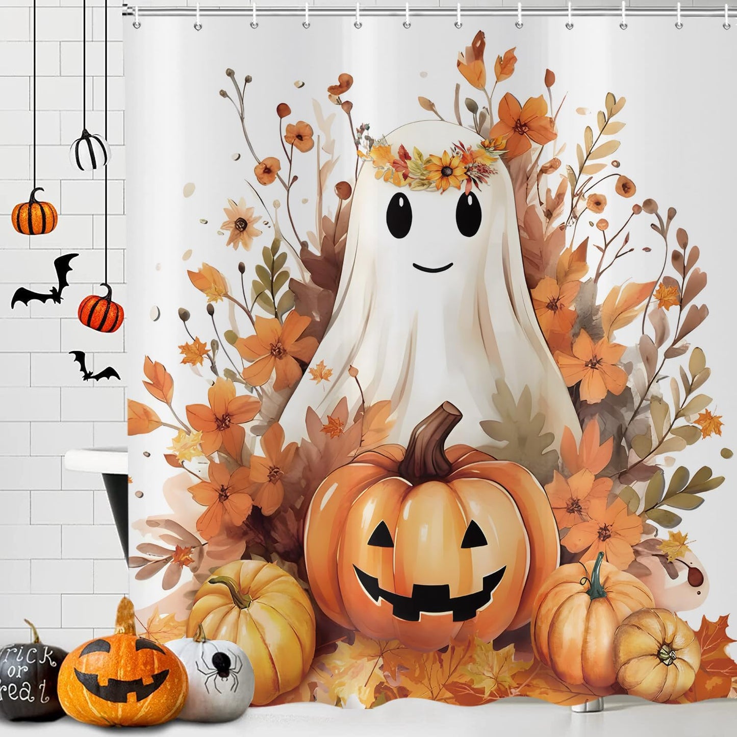 deFouliao Halloween Shower Curtain White Cute Ghost Fall Pumpkin Floral Bathroom Curtain Sets for Halloween Autumn Bath Home Decor, Waterproof Fabric Decor with Hooks 72x72 Inch