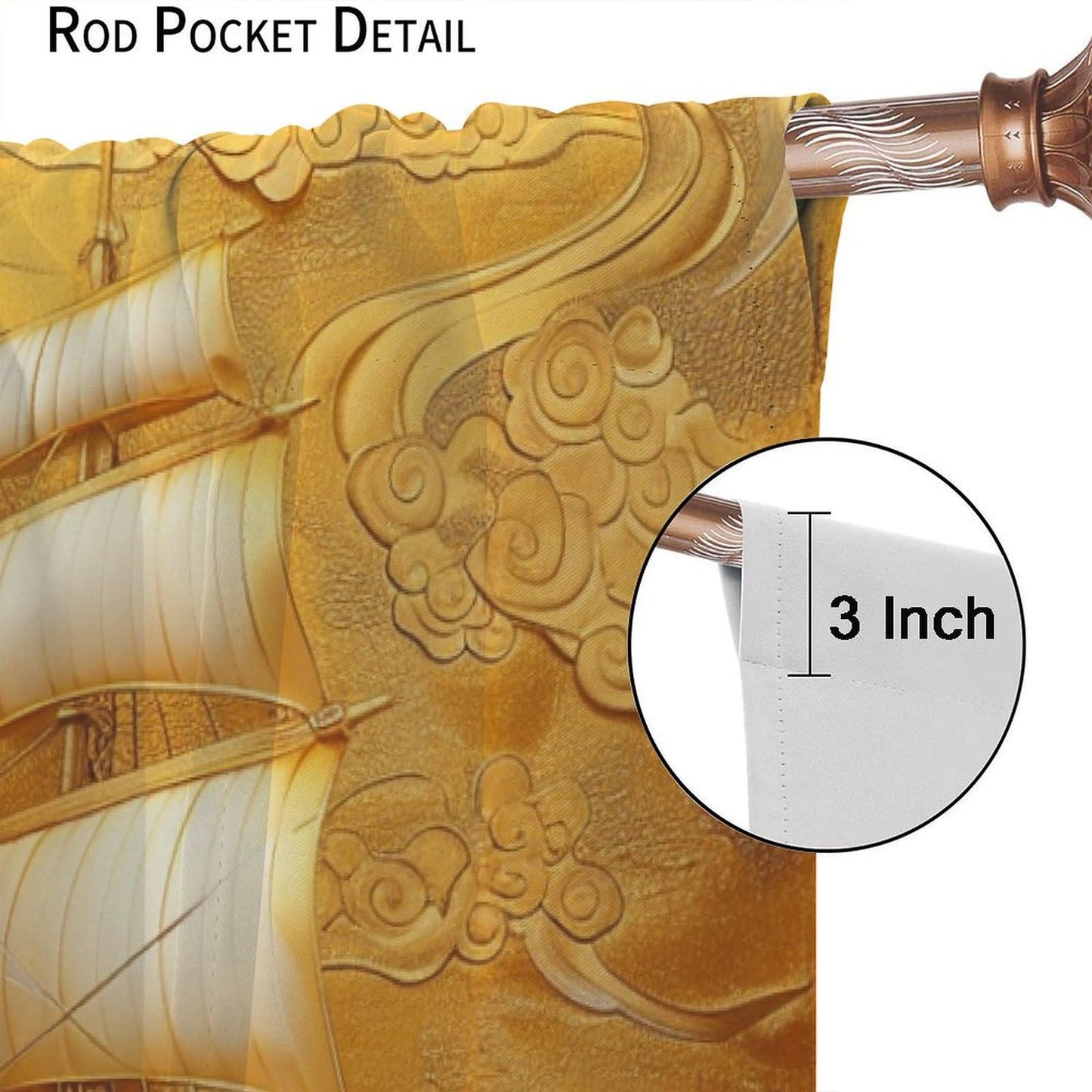 TOWINSFB Classic Chinese Style Sailboat Blackout Curtains for Living Room Bedroom, Luxury Golden Ship Ocean Window Curtains Rod Pocket Thermal Insulated Window Drapes, 2 Panels, Each 21W x 45L