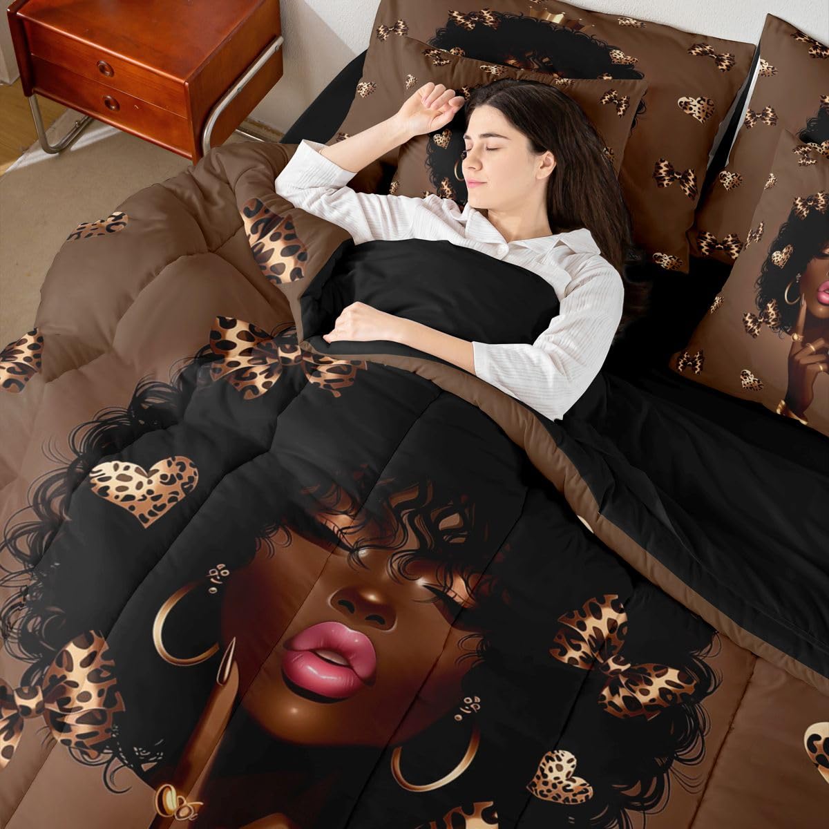Erosebridal Cute Black Girls Queen Bedding Set Coquette Leopard Bowknot Comforter Set with Flat and Fitted Sheet Girly Cheetah Heart 7-Piece Bed in a Bag Aesthetic Bowtie Quilt Sets