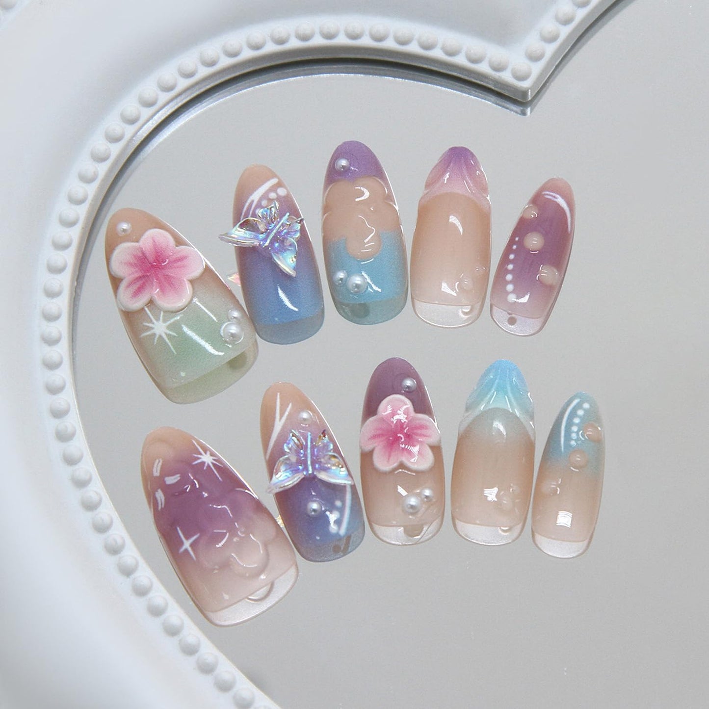 Aurora 3D Flower Butterfly Press On Nails - Medium Almond Fake Nails with Iridescent Gradient & Rhinestone Designs,Glossy Reusable Full Cover False Nails with Glue Tabs for Women, 30Pcs Nail Kit