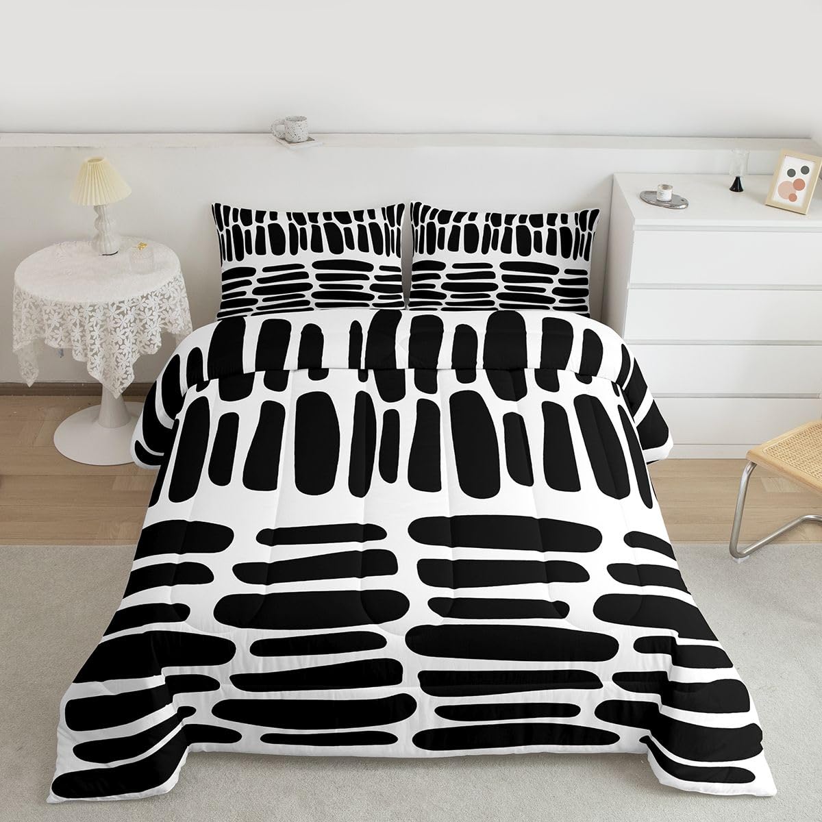 jejeloiu Modern Geometric Bedding Set Soft for Boys Girls, Black White Abstract Comforter Set Queen Size Boho Duvet Quilt Microfiber Luxury Bedroom Decor 3 Pcs with 2 Pillow Cases