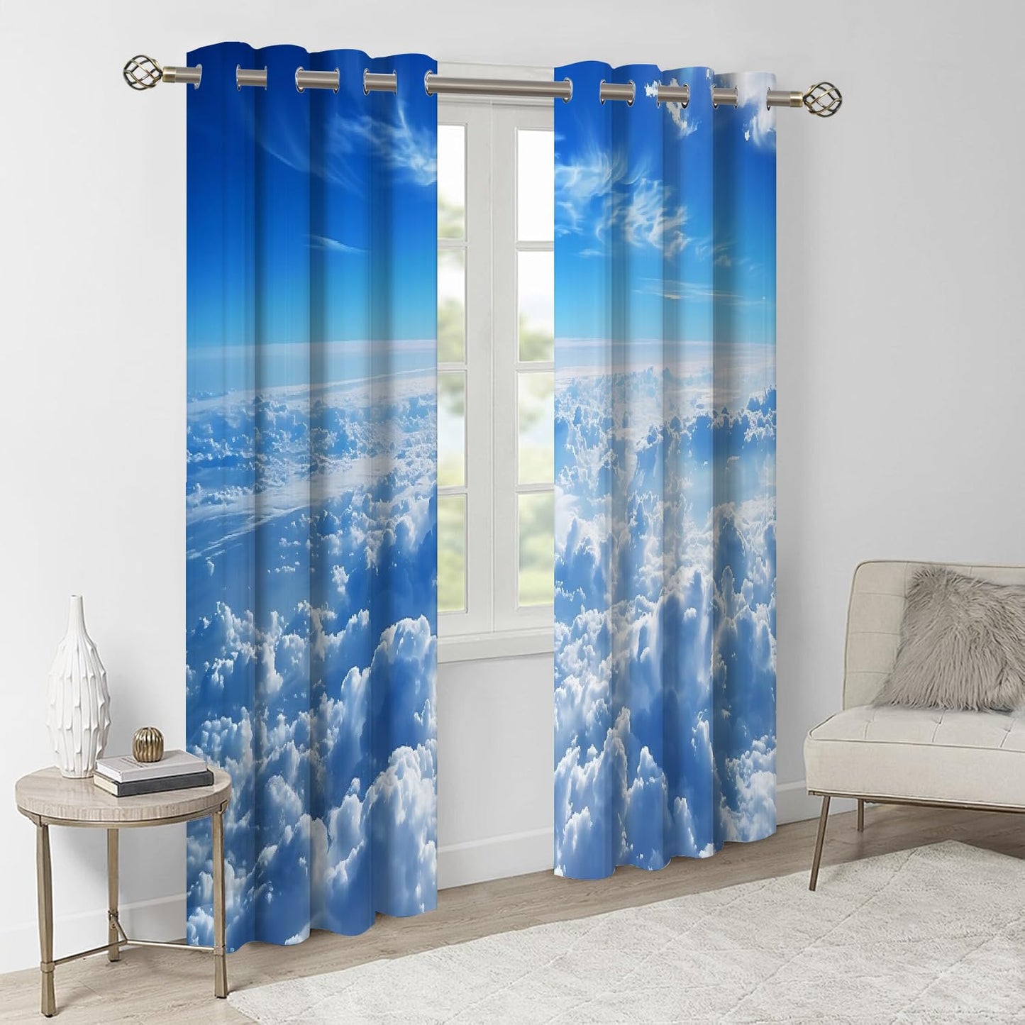 Vast Sky Scenery Blackout Window Curtain, Thick White Clouds 3D Print Curtain 2 Panels, Noise Reducing Darkening Top Grommet Drapes for Bedroom Living Room Kitchen(42" W x 63 "L)