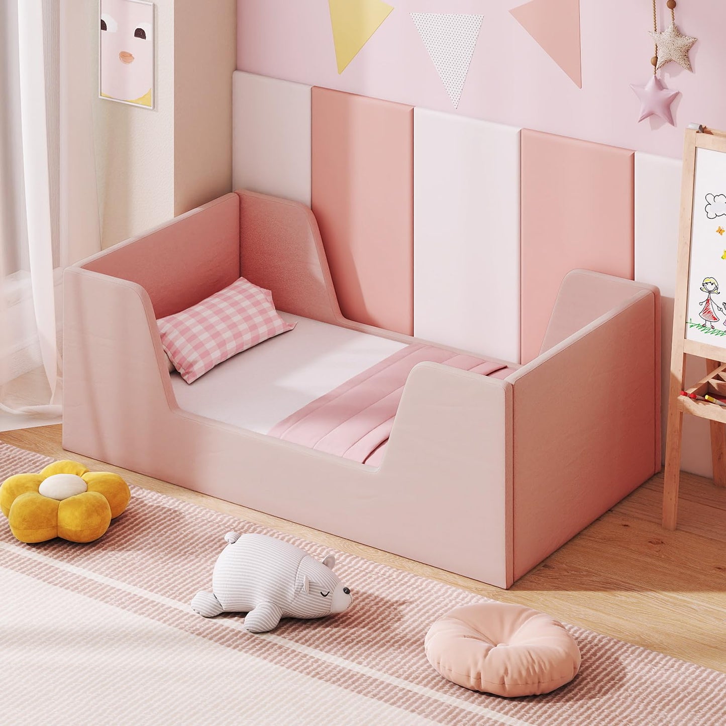 Costzon Toddler Bed, Soft Velvet Fabric Upholstered Children Floor Bed Frame with Safety Rails, No Mattress, Kids Bed for Girl Boys (Wood Foam, Pink)