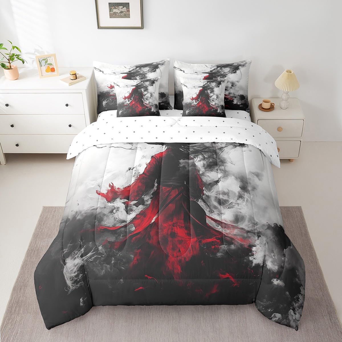 7 Pieces Japanese Style Comforter Set Queen,Ink Painting Oriental Culture Bed Set for Kids Boys Girls,Black Red Bedding(1 Comforter,1 Fitted Sheet,1 Flat Sheet,2 Pillowcases,2 Throw Pillow Cover)