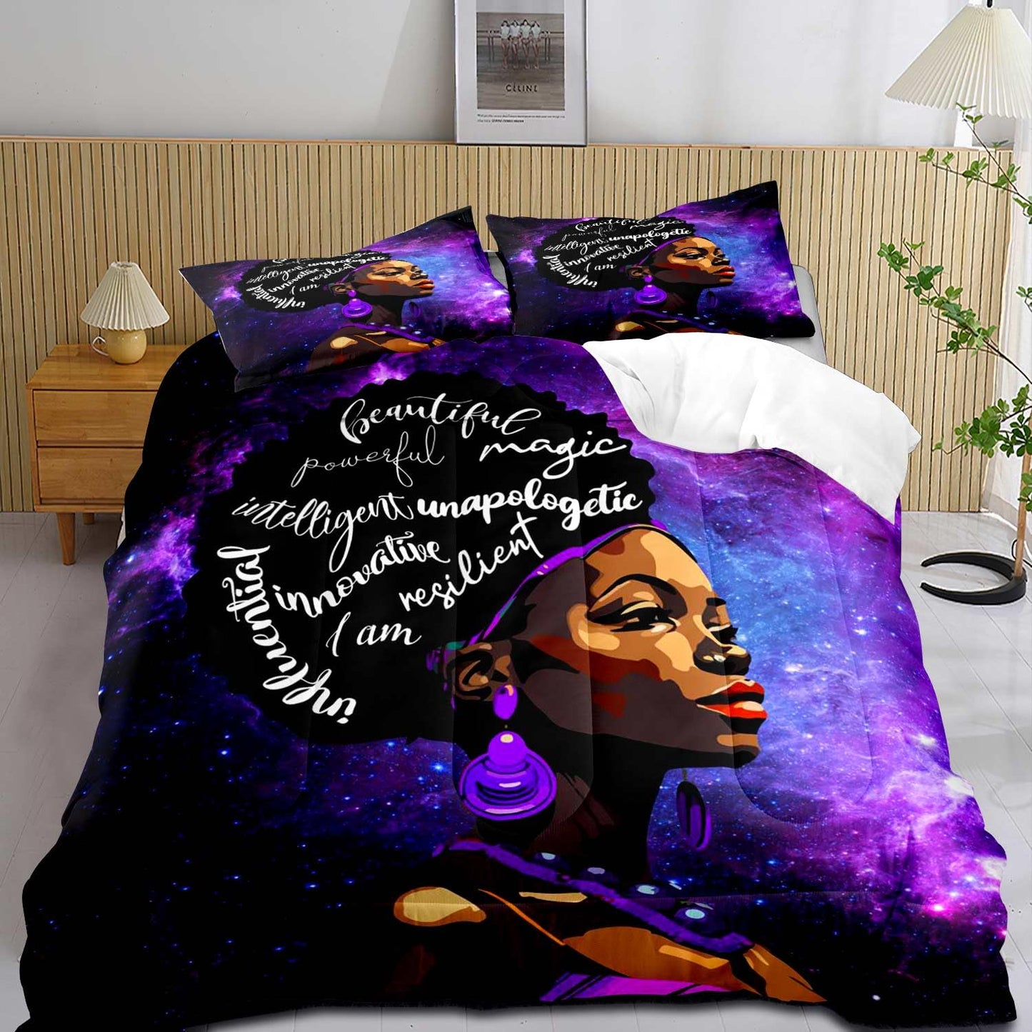 LUVIVIHOME 3PCS Black Girl Comforter Set King Size, Purple Galaxy Starry Sky Positive Quotes Black Girl Magic Bedding Sets, African American Bedroom Decor, Inspirational Gifts for Women, 2 Pillowcases