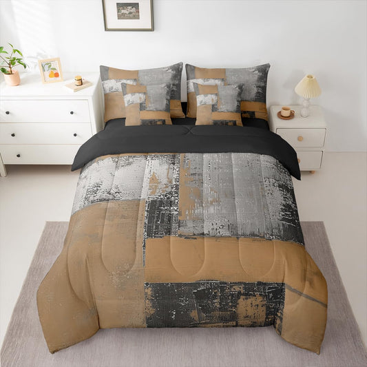 Feelyou Abstract Comforter Set King Size 7 Pieces Modern Abstract Art Bedding Set Luxury Bed in a Bag with Comforter, Sheets, Pillowcases, Cushion Covers Geometric Bedroom Decor Gray Brown
