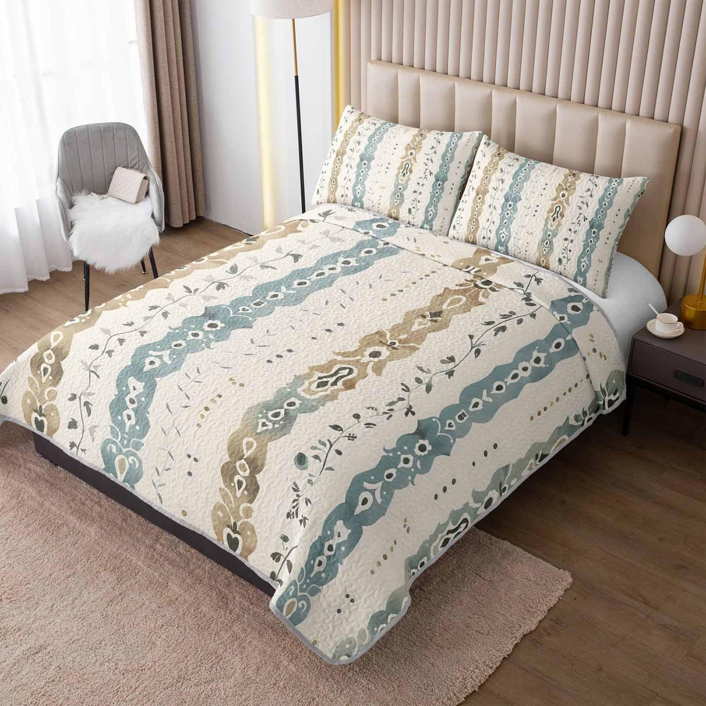 AILONEN King Quilted Comforter 3-Piece Set, Tribal Damask Stripe Bedspread Coverlet 2 Pillowcases, Luxury Master Suite Bedding Adults Sage Tan Brown Farmhouse Rustic Boho Botanical Chic