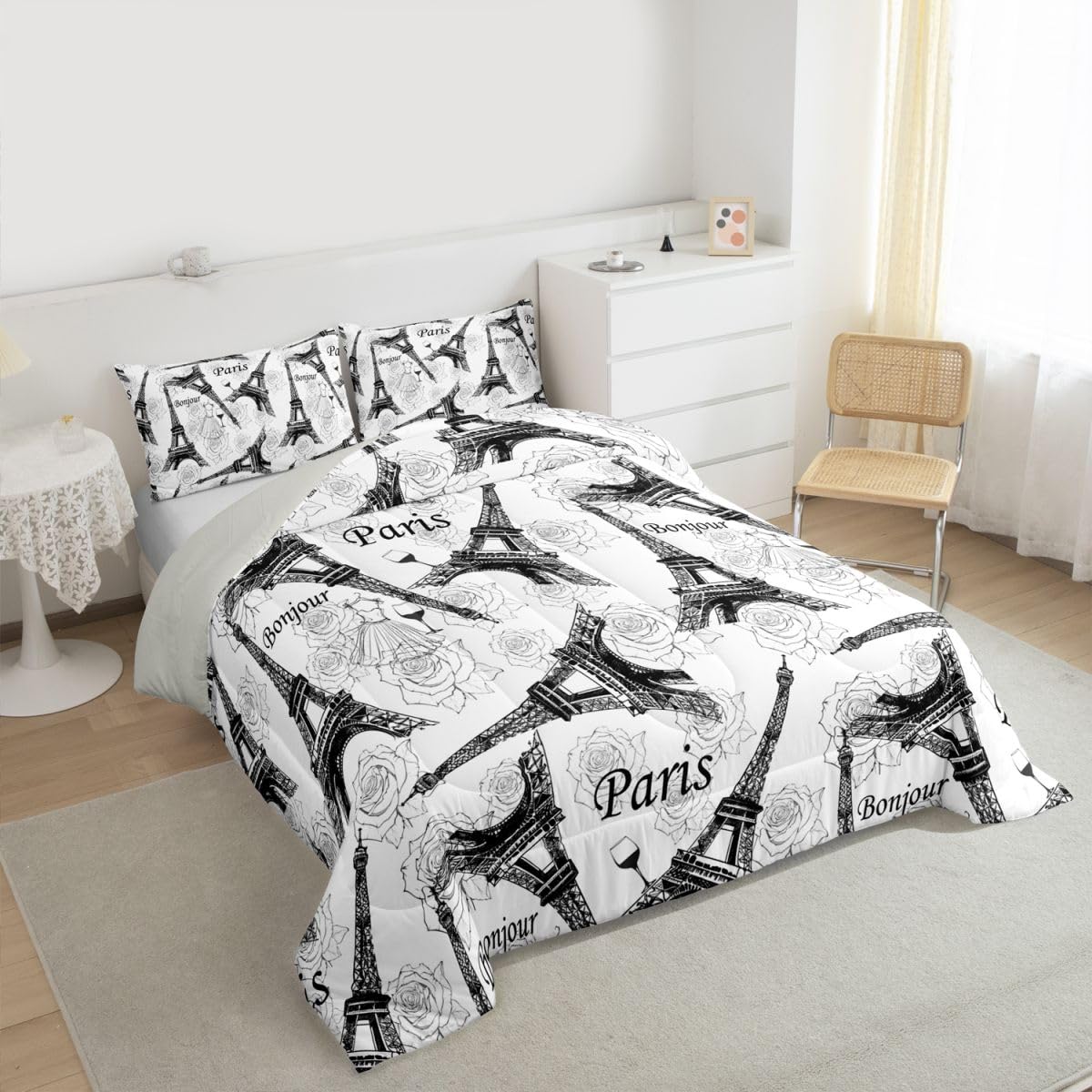 Eiffel Tower Bedding Sets for Boys Girls Couple Romantic Theme Comforter Set, Black and White French Paris Famous Cityscape Eiffel Tower Floral Print Quilted Duvet Valentine's Day Gifts,Full Size