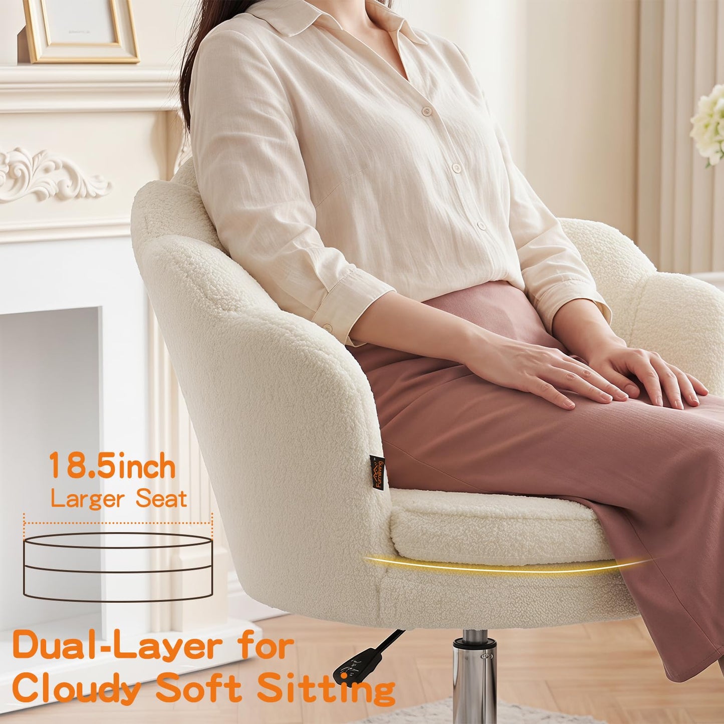 Furniliving Teddy Vanity Chair No Wheels, Modern Swivel Makeup Chair with Ergonomic Lotus-Shaped Backrest, Height Adjustable, Comfy Desk Chair for Dressing Room, Home Office, Bedroom, White
