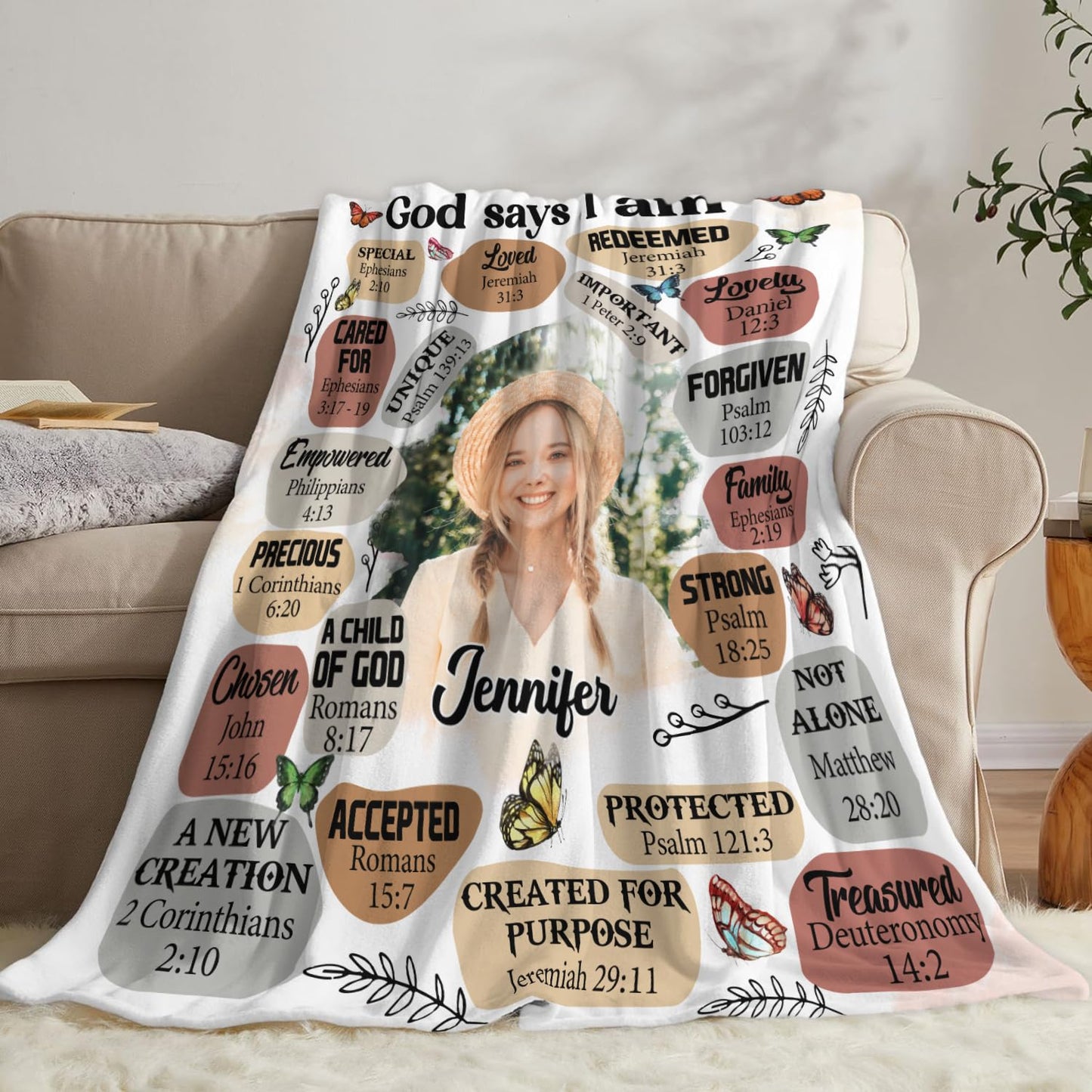 PREAUREUM God Says I Am Blanket, Personalized Christian Throw Blanket,Inspirational Jesus Throw Blankets,Confirmation Catholic Spiritual Blankets for Kids (Custom Photo God Says I Am - Bubble Style)