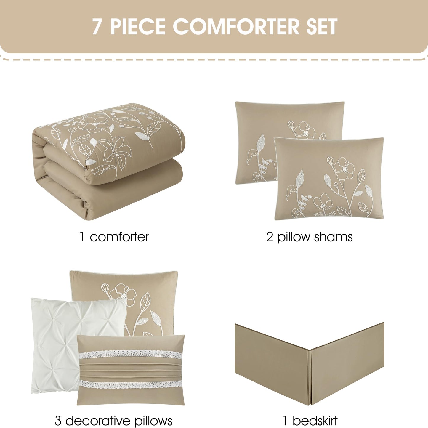 Grand Avenue 7 Piece Taupe Comforter Set, King Size Chain Stiching Embroidery Bedding, All Season Floral Leaves Bedding Set, Bed Skirt, Pillows & Shams