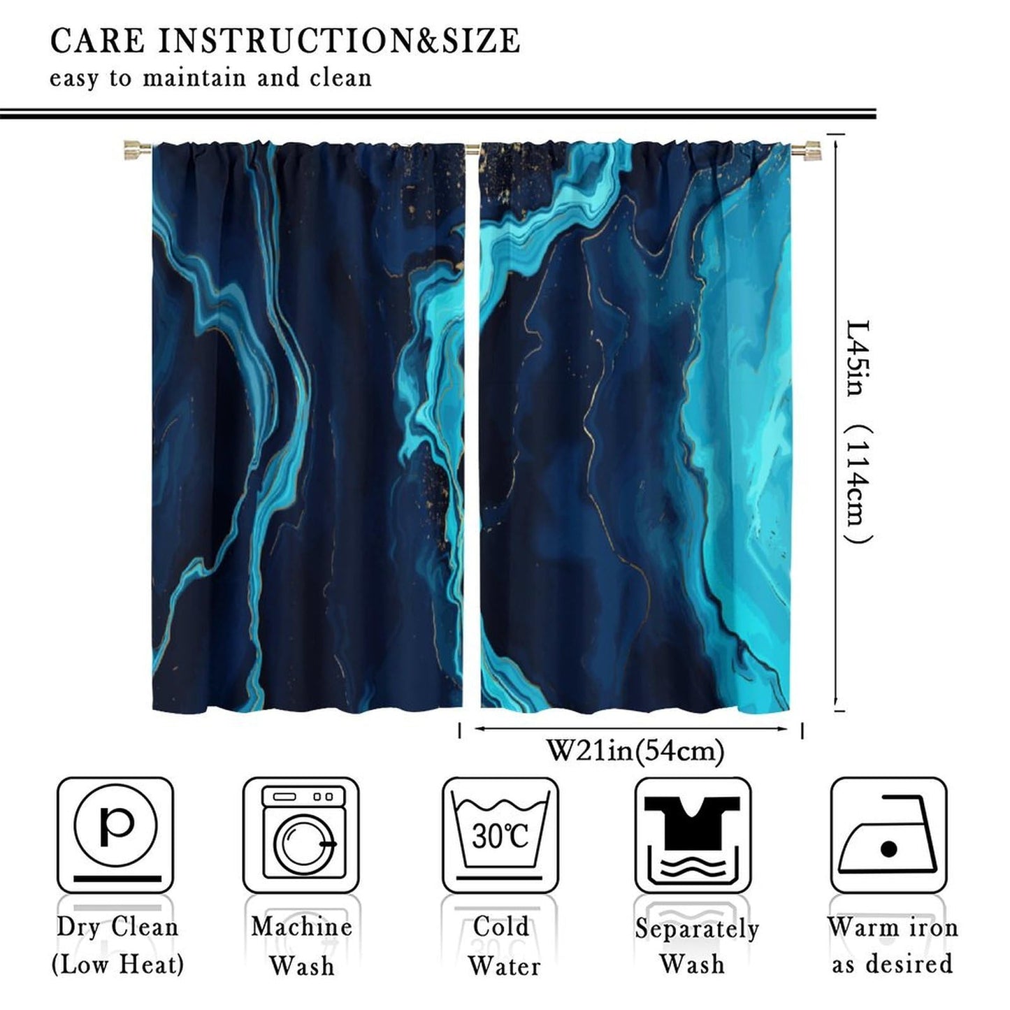 Blue Marble Curtains, Abstract Marble Texture Marbling Printed Window Treatments for Living Room Bedroom Kitchen Decor, Modern Elegant Blue Pink Drapes Set 2 Panels,42x45 Inches