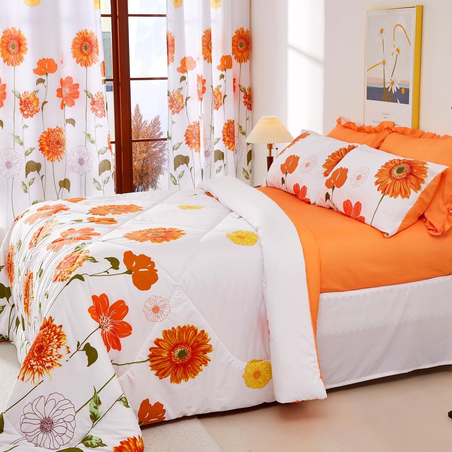 EVENHUG Twin Comforter Set 7 Pieces Lightweight Soft Twin Size Comforters for All Season Orange Sunflower Floral Bedding Sets Bed in a Bag with Flat Sheet and Fitted Sheet Pillowcases