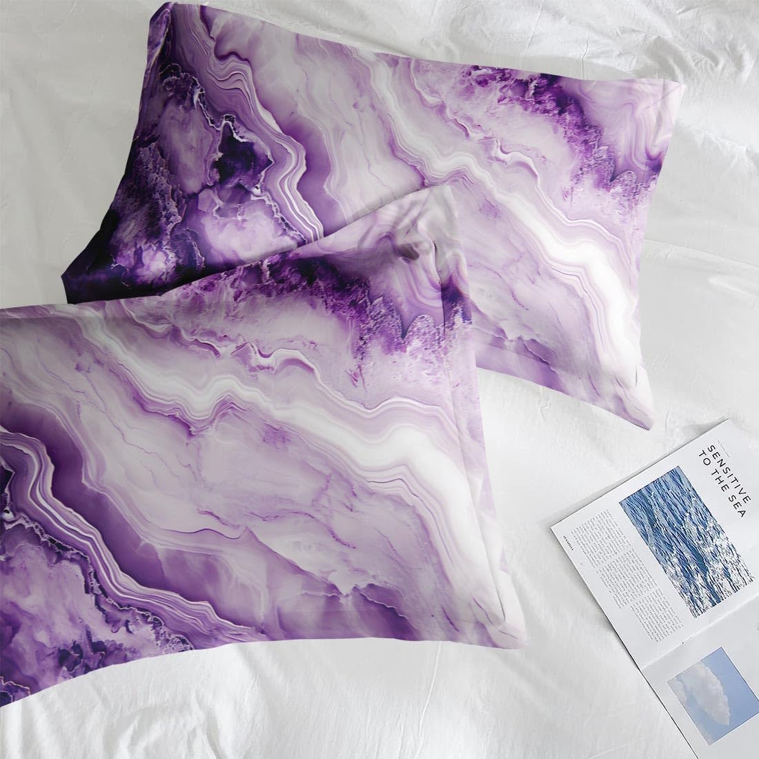 Pamnest Comforter Set Queen Size, Purple Marble Black Gold 7 Pcs Bedding Set for Kids and Adults, Painting Pink Bed Sheet Sets with Fitted Sheet 2 Pillowcase & 2 Sham for Bedroom Bed Decor